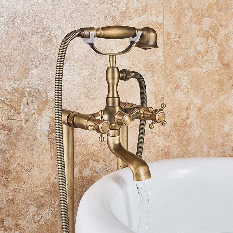 Antique Brass Floor Mounted Tub Sink Faucet Dual Handle Bathroom Bath Shower Set Freestanding Bathtub Mixer Tap with Handshower - WELQUEEN